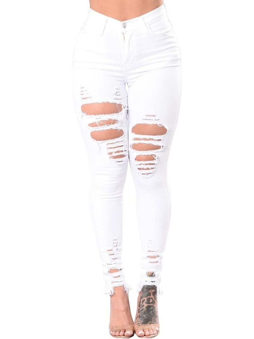 Ripped Skinny Jeans for Women - Destroyed Mid Rise Stretch Denim Pants